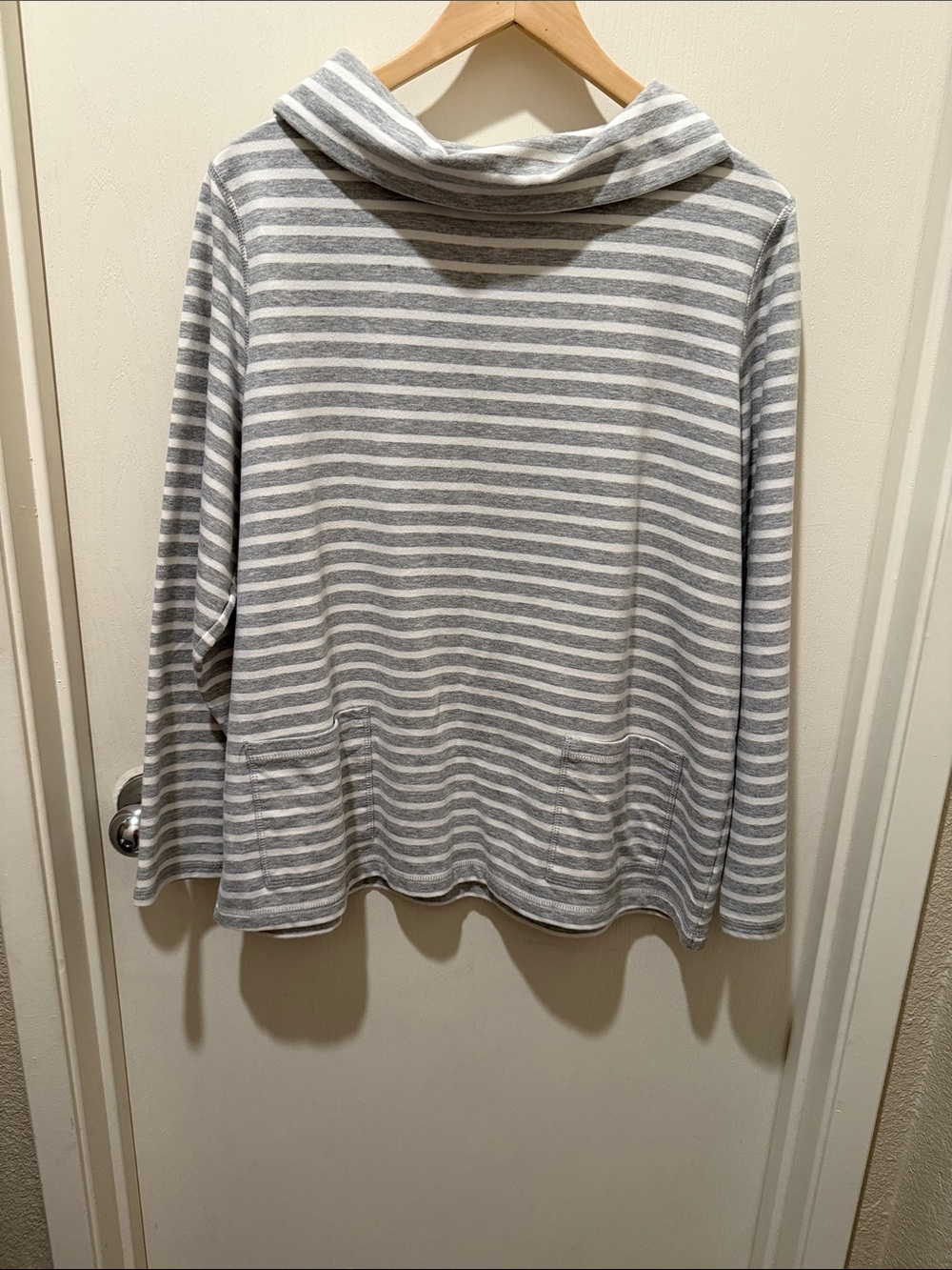 Susan Graver Gray & White Striped Cowl Neck Sweater